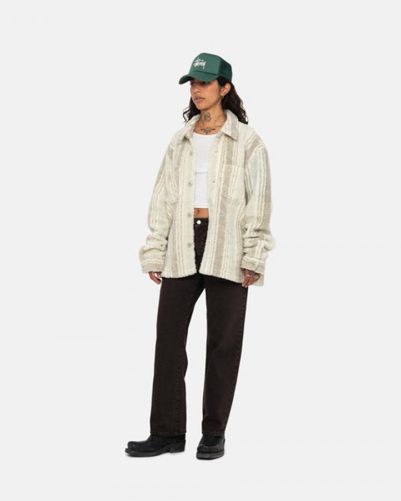 Stussy Stripete Sherpa Shirt Skjorte Dame Beige Norge | BRV-3355