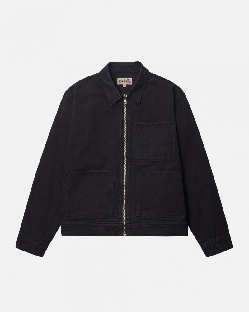 Stussy Zip Arbeids Jacket Overdyed Denim Dame Svarte Svarte Norge | KEP-8373